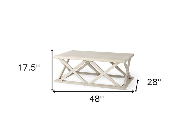 48" Off White Solid Wood Distressed Geo Frame Coffee Table