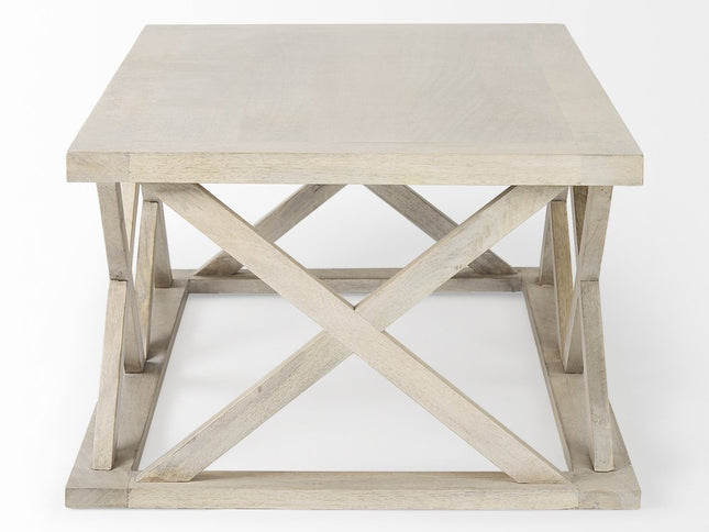 48" Off White Solid Wood Distressed Geo Frame Coffee Table