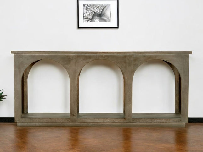 77" Brown Solid Wood Distressed Console Table With Arch Detailing