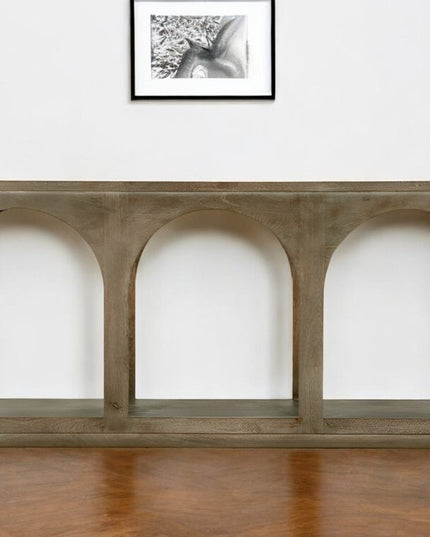 77" Brown Solid Wood Distressed Console Table With Arch Detailing