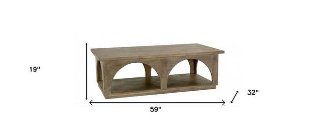 59" Brown Solid Wood Distressed Floor Shelf Coffee Table With Shelf