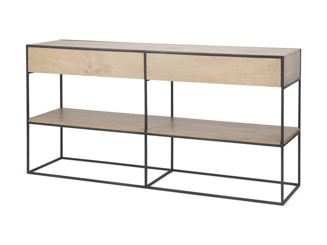 63" Natural and Black Solid Wood and Metal Frame Console Table With Shelf And With Two Drawers