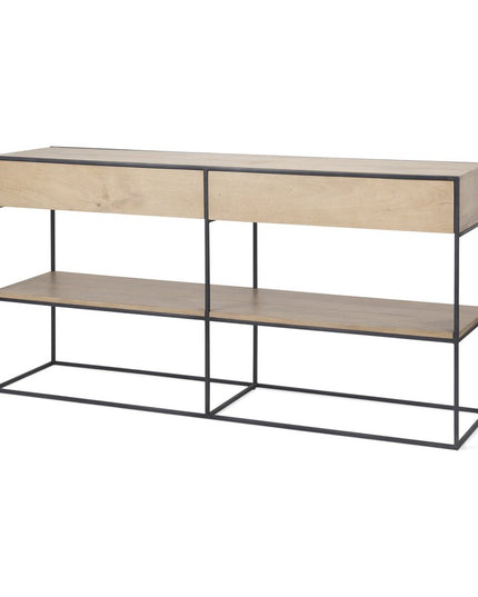 63" Natural and Black Solid Wood and Metal Frame Console Table With Shelf And With Two Drawers
