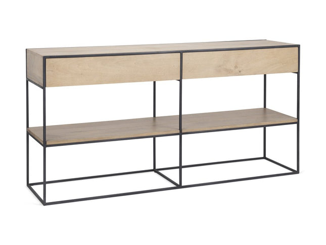 63" Natural and Black Solid Wood and Metal Frame Console Table With Shelf And With Two Drawers