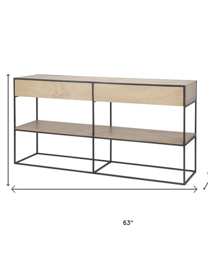 63" Natural and Black Solid Wood and Metal Frame Console Table With Shelf And With Two Drawers