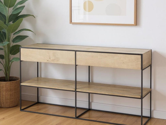 63" Natural and Black Solid Wood and Metal Frame Console Table With Shelf And With Two Drawers