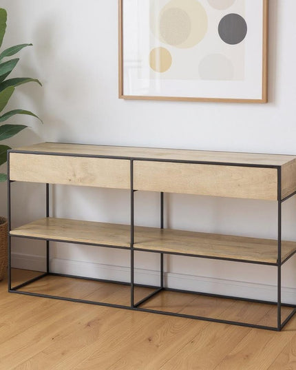 63" Natural and Black Solid Wood and Metal Frame Console Table With Shelf And With Two Drawers