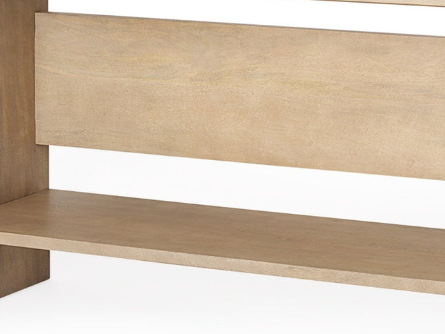 76" Natural and Brown Solid Wood Sled Console Table With Two Shelves