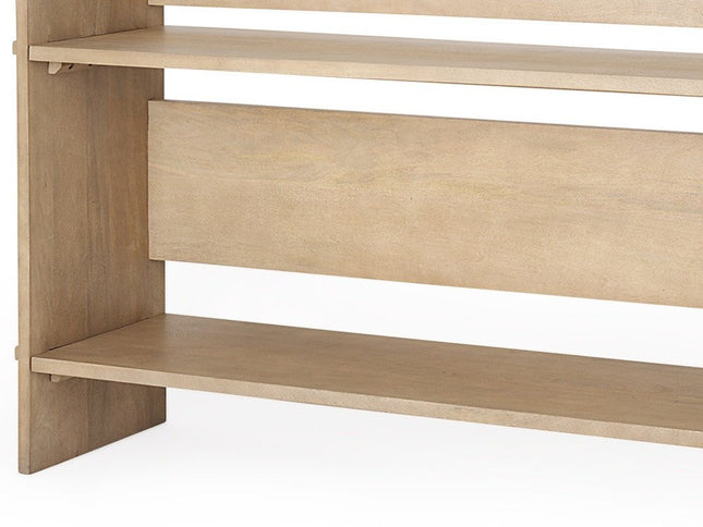 76" Natural and Brown Solid Wood Sled Console Table With Two Shelves