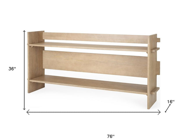 76" Natural and Brown Solid Wood Sled Console Table With Two Shelves