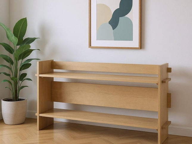 76" Natural and Brown Solid Wood Sled Console Table With Two Shelves