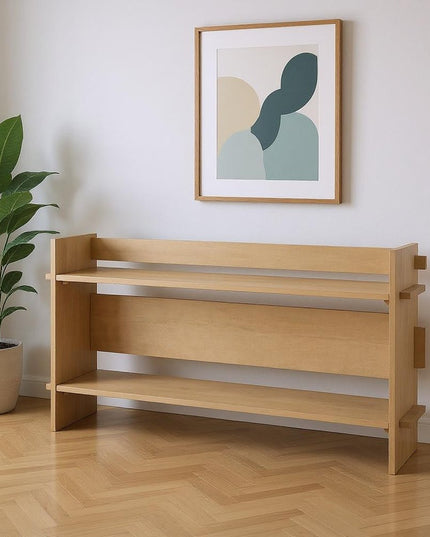 76" Natural and Brown Solid Wood Sled Console Table With Two Shelves