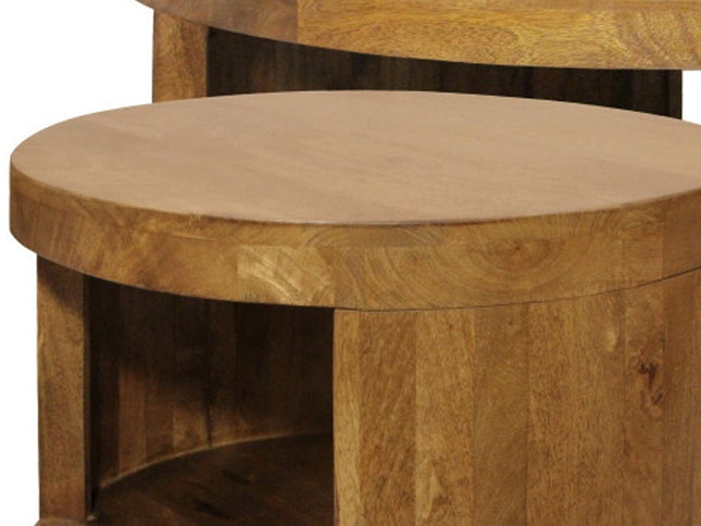 Set of Two Walnut Solid Wood Round Distressed Solid Nested Coffee Tables