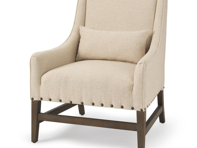 30" Cream and Brown Linen and Solid Wood Arm Chair