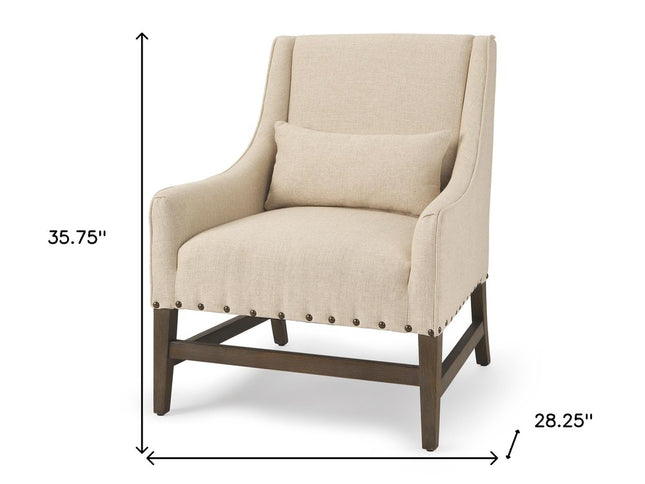 30" Cream and Brown Linen and Solid Wood Arm Chair