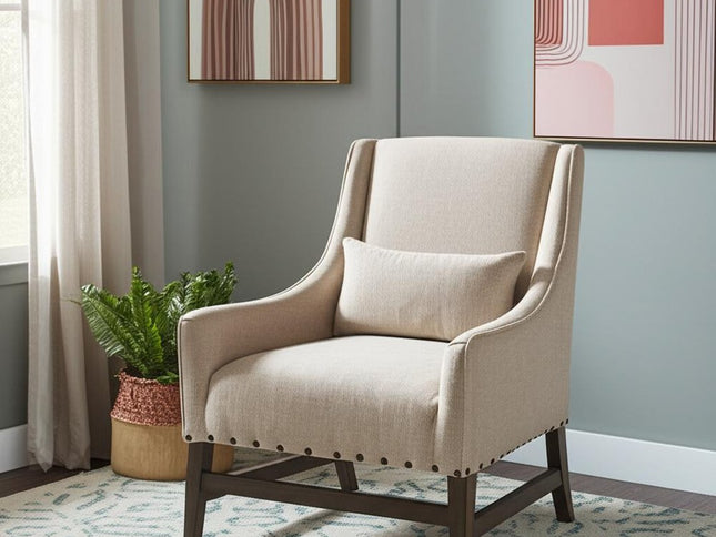 30" Cream and Brown Linen and Solid Wood Arm Chair