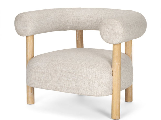 31" Cream and Natural Linen and Solid Wood Barrel Chair