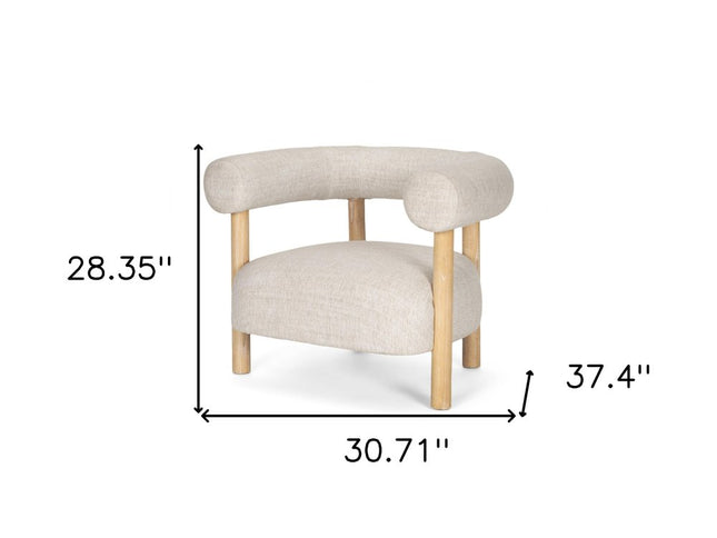 31" Cream and Natural Linen and Solid Wood Barrel Chair