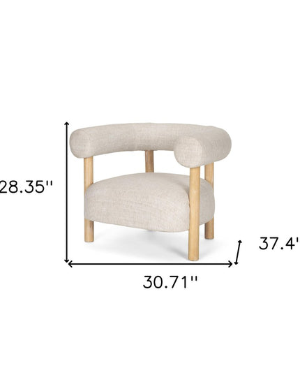 31" Cream and Natural Linen and Solid Wood Barrel Chair