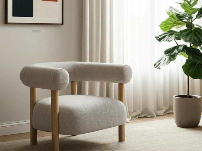 31" Cream and Natural Linen and Solid Wood Barrel Chair