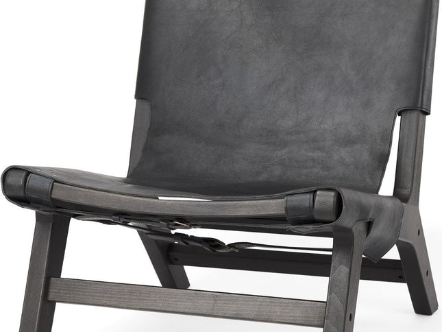 32" Black Genuine Leather and Solid Wood Slipper Chair