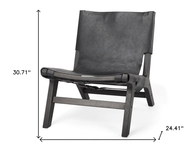 32" Black Genuine Leather and Solid Wood Slipper Chair