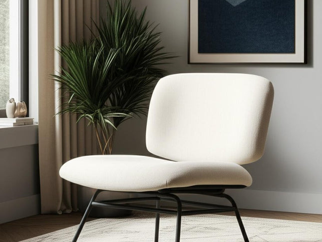 25" Cream and Black Chenille and Metal Slipper Chair