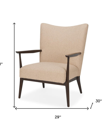 29" Beige and Dark Brown Boucle and Solid Wood Wingback Chair