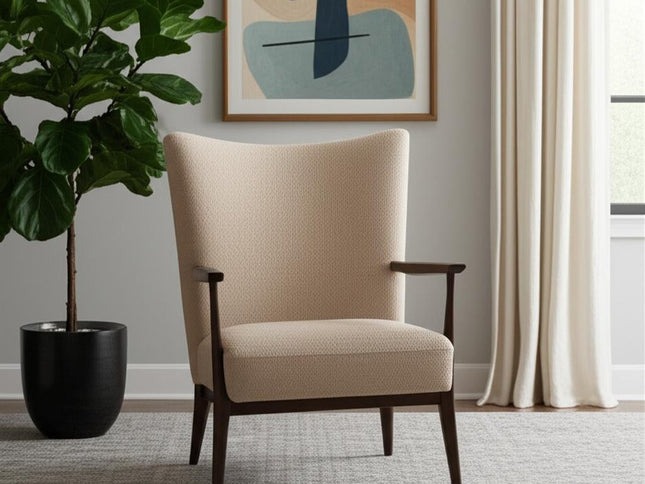 29" Beige and Dark Brown Boucle and Solid Wood Wingback Chair