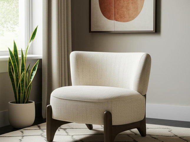 29" Cream and Dark Brown Upholstery and Solid Wood Slipper Chair