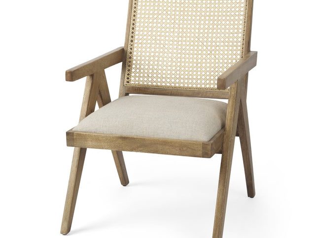 22" Beige and Natural Linen and Solid Wood Arm Chair