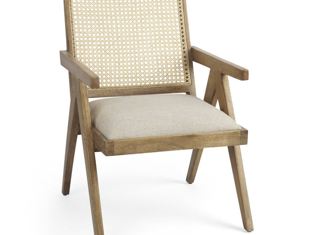 22" Beige and Natural Linen and Solid Wood Arm Chair