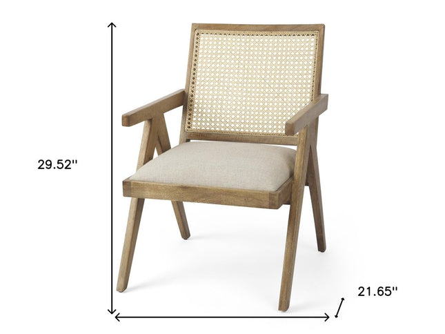 22" Beige and Natural Linen and Solid Wood Arm Chair