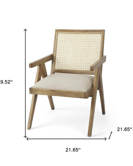22" Beige and Natural Linen and Solid Wood Arm Chair