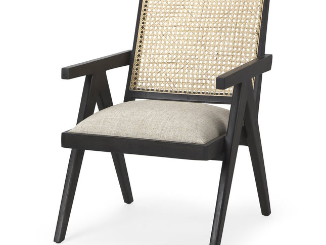 28" Gray and Black Linen and Solid Wood Arm Chair