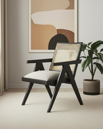 28" Gray and Black Linen and Solid Wood Arm Chair