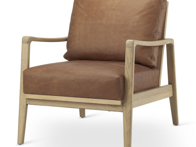 34" Brown and Natural Genuine Leather and Solid Wood Arm Chair