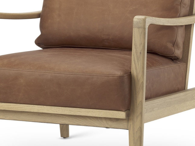 34" Brown and Natural Genuine Leather and Solid Wood Arm Chair