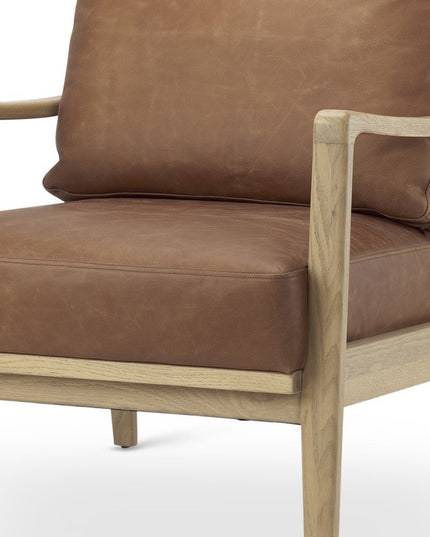 34" Brown and Natural Genuine Leather and Solid Wood Arm Chair