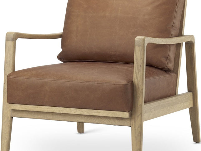 34" Brown and Natural Genuine Leather and Solid Wood Arm Chair