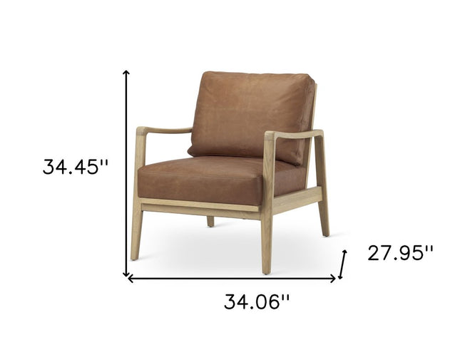 34" Brown and Natural Genuine Leather and Solid Wood Arm Chair