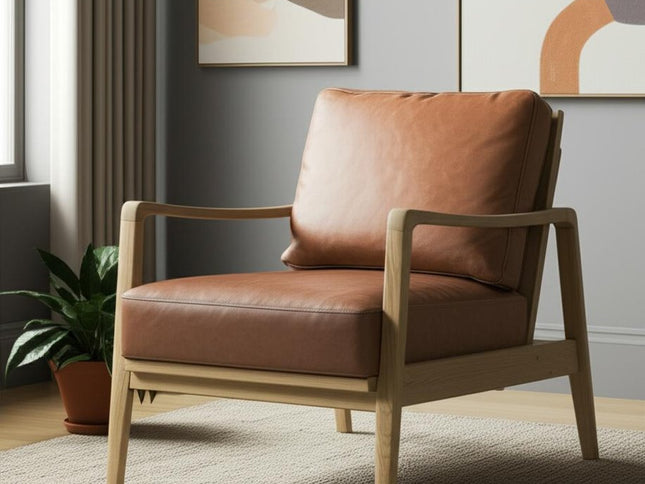 34" Brown and Natural Genuine Leather and Solid Wood Arm Chair