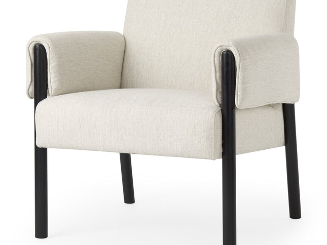 30" Beige and Black Upholstery and Solid Wood Arm Chair
