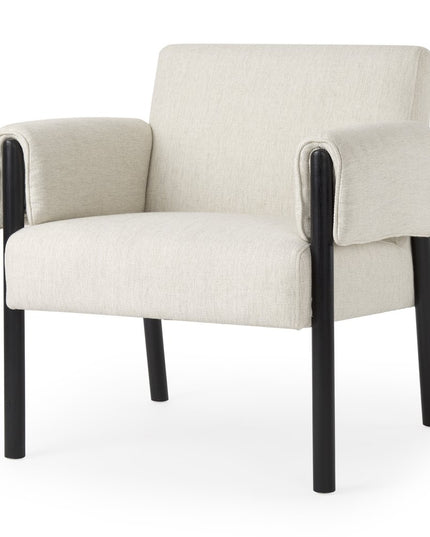 30" Beige and Black Upholstery and Solid Wood Arm Chair