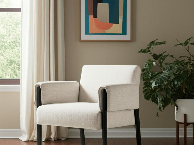 30" Beige and Black Upholstery and Solid Wood Arm Chair