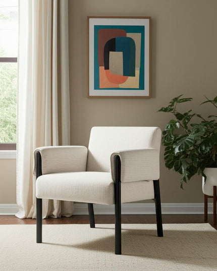 30" Beige and Black Upholstery and Solid Wood Arm Chair