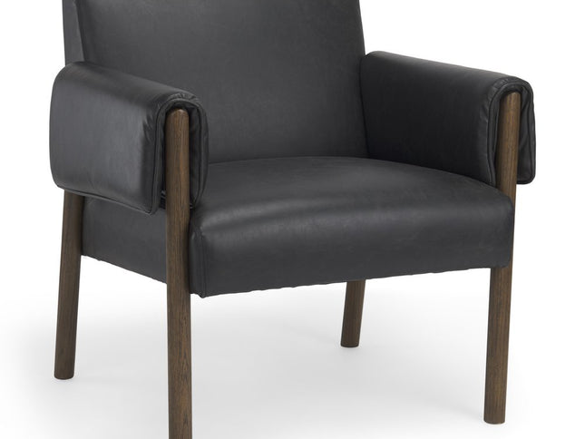 30" Black and Dark Brown Faux Leather and Solid Wood Arm Chair