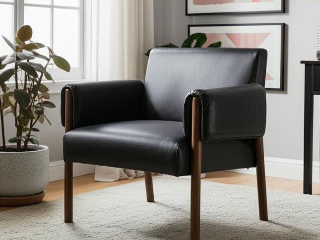 30" Black and Dark Brown Faux Leather and Solid Wood Arm Chair