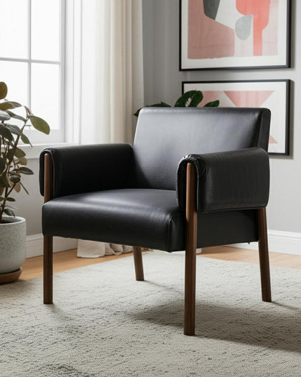 30" Black and Dark Brown Faux Leather and Solid Wood Arm Chair