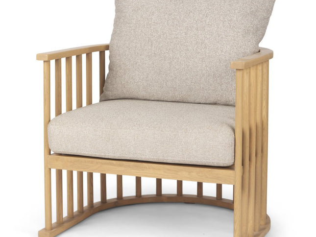 31" Beige and Natural Upholstery and Solid Wood Barrel Chair